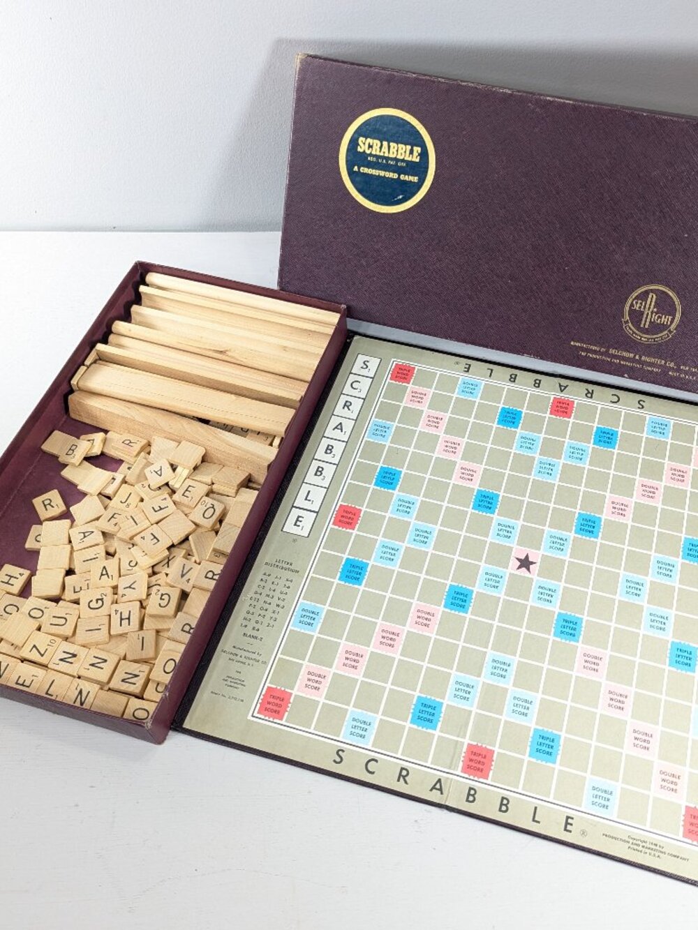 1950s Selchow & Righter Scrabble Game /w extra letters, wooden craft supply